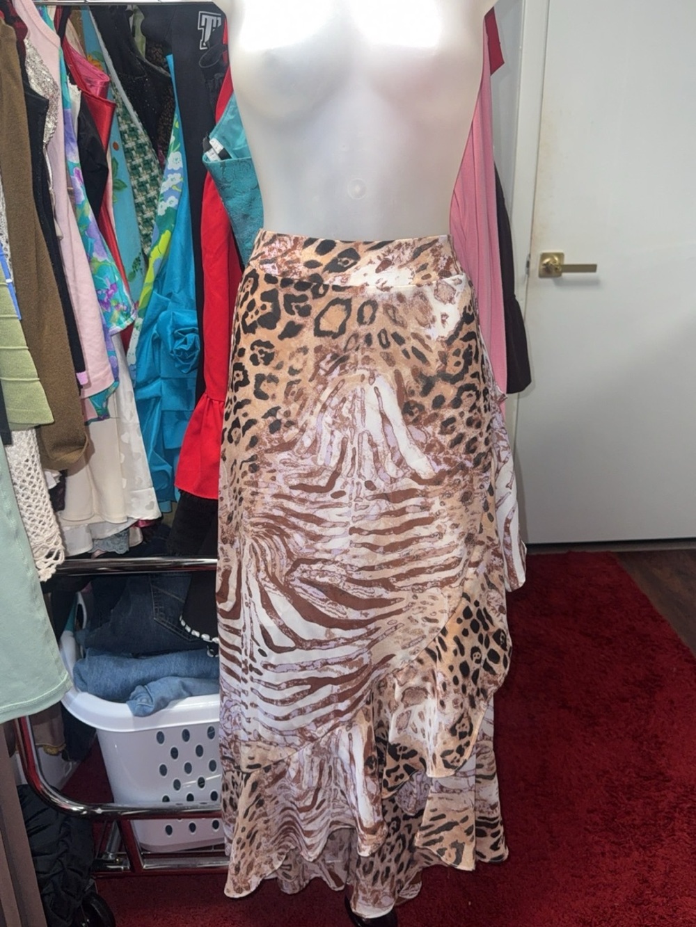 Animal Print Ruffle Hem Maxi Skirt - Brown